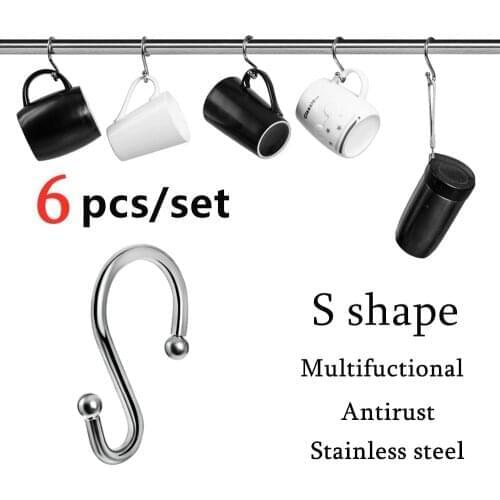 6 pcs Chrome Metal Shower Curtain Hooks S Shaped Hooks Hangers for Shower Curtains Antirust Kitchen Utensils Clothing Towels