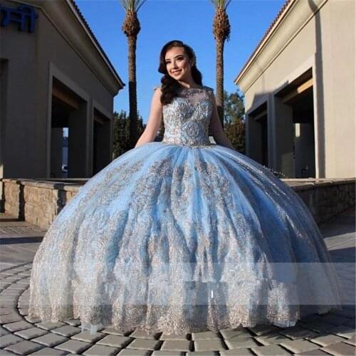 Elegant 2021 Sky Blue Quinceanera Dresses Sweet 16 Girls Appliqued Lace Pageant Dress Prom Ball Gowns Plus Size