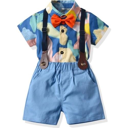 Baby Clothes Boys Printed Rompers Suit for Infant Newborn Sets Dress Kids Blue Shorts Short Sleeves Outfit Turn-down Collar
