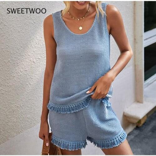 Summer Beach Two Piece Set Women Tassel Tracksuit Loungewear Casual Sleeveless Tops + Slim Shorts Suit Elegant Woman Set Outfits