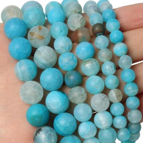 Frosted Sky Blue Dragon Veins Agates Stone Natural Loose Spacer Round Beads For Jewelry DIY Making Bracelet Accessories 15