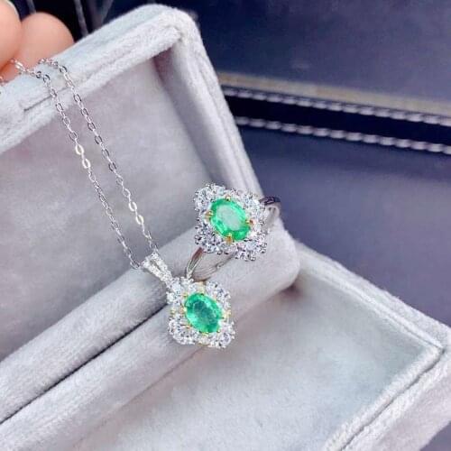 Fashion grace rhombus Natural green Emerald jewelry sets natural gemstone ring Pendant S925 silver woman party gift jewelry