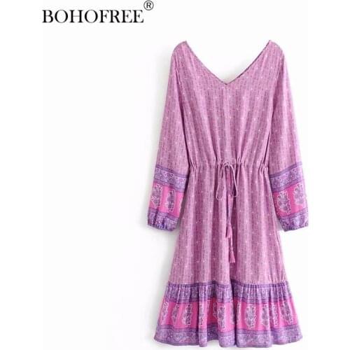 Fashion Mujer Pink Floral Dresses Casual Women V-neck Long Sleeve Cotton Rayon Vestidos Boho Chic Female Dress 2020