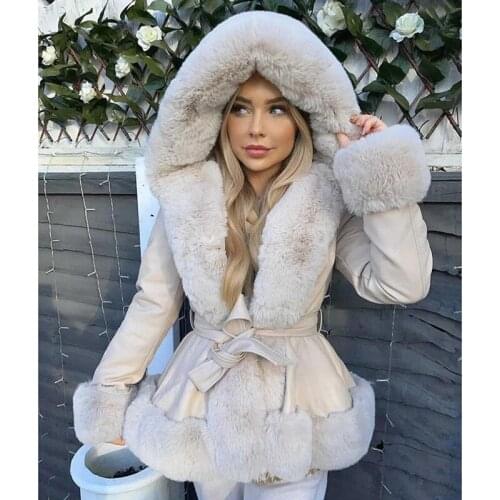 CP Patchwork High Imitation Leather Coats Women Vogue Hooded Faux Fox Fur Jackets Women Elegant Tie Belt Slim Coats Ladies