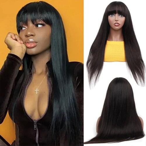 Brazilian Straight Human Hair Wigs With Bangs Remy Full Machine Made Human Hair Wigs NC# For Black Women 12-28Inches Fringe Wig