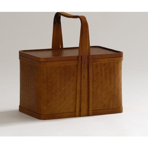 Outdoor Portable Bamboo Storage Box For Teacup Teapot Candy Fruit Cake Dessert Handmade Retro Basket For Picnic Fishing Travel