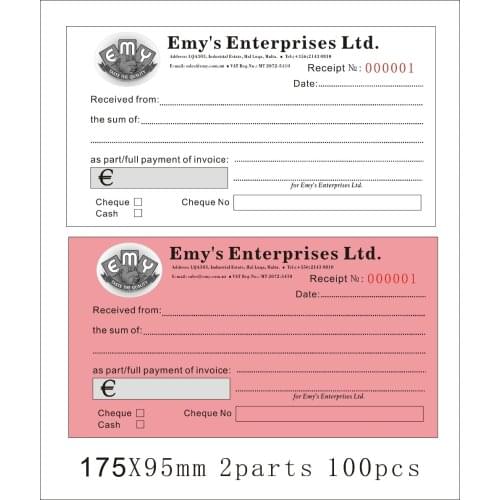 Custom print Size17.5X9.5cm delivery Invoice/Payment receipt ,Carbonless receipt invoice book free shipping by DHL to Malta