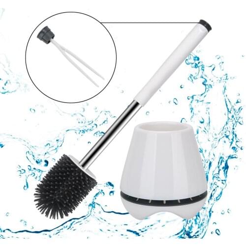 Stainless steel long handle toilet brush soft bristles 360 no dead ends brush head cleaning brush plastic base toilet brush set