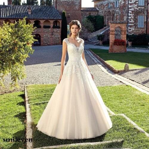 Smileven A Line Wedding Dress Cap Sleeves Lorie Boho Lace Bride Dresses Sexy Illusion Neck Floor Length Wedding Gowns