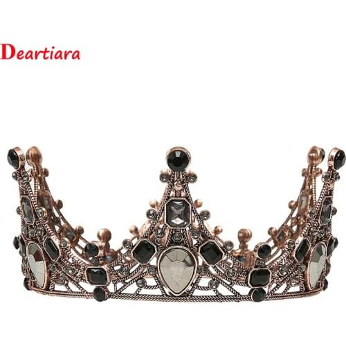 Men Women Vintage Round Black Crown Rhinestone Brown Tiara Square Stone Diadem Hair Accessories Fashion Women Jewelry