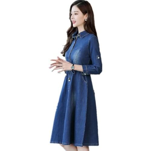 Trending Products Korean style women denim dress autumn High quality Elegant womens clothing Denim long dresses free shipping