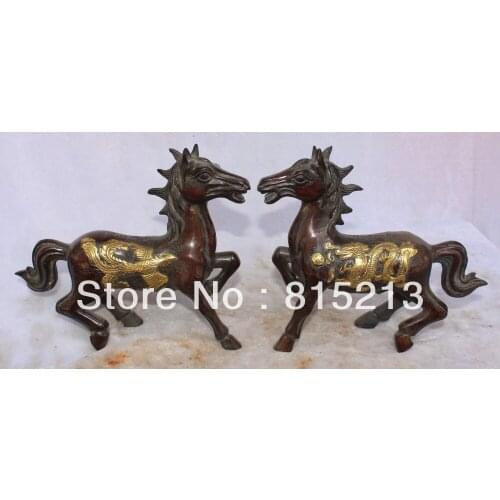 Wang 000133 9" Chinese Red Bronze Gilt Dragon Phoenix Successful Running Horse Animal Pair