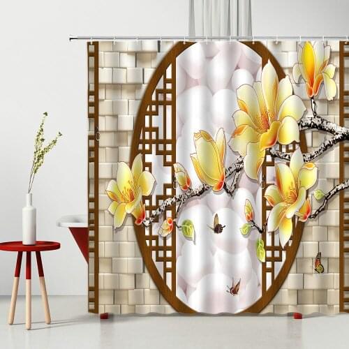 Waterproof Shower Curtain Chinese Style 3D Stereoscopic Flowers Print Pattern Hall Room Curtains All Bathrooms Are Decorated