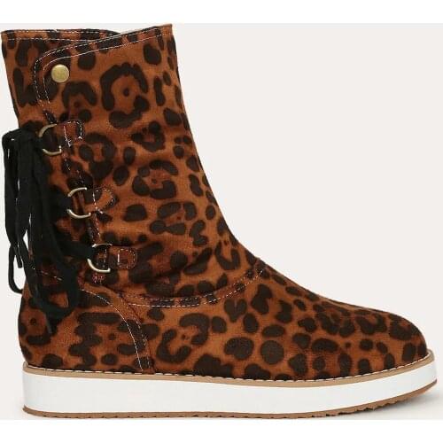 2021 Women Snow Boots Autumn Winter Lace-up Mid-cut Boots Fashion Comfortable Leopard Print Snake Print Color Match Female Shoes