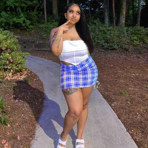 CM.YAYA Women Set Sleeveless Strapless Crop Tops Plaid Shirring Mini Skirts Two 2 Piece Sets Sexy Fashion Outfit Summer 2021