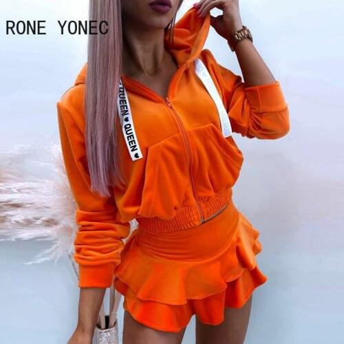 Women Chic Solid pocket Letter Tape Long Sleeves Hooded Layered Short skirt Sets