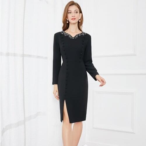 Svoryxiu Autumn Fashion Woman Black Sky Blue Knee-Length Dress Crystal Diamond V-Neck Button Under Split Elegant Pencil Dresses