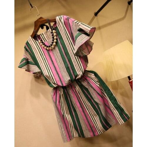 Refreshing Striped Short Sleeve Dress Summer Style 2016 New Fashionable Cool Flare Sleeved Womans Linen vestido de festa ED474