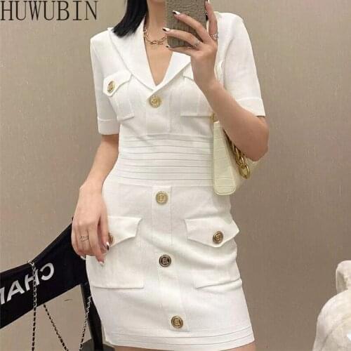 French Style Metal Button Collect Waist Knit Dress Womens2021Summer Short Sleeve Fashionable ice Silk Package Hip Skirt