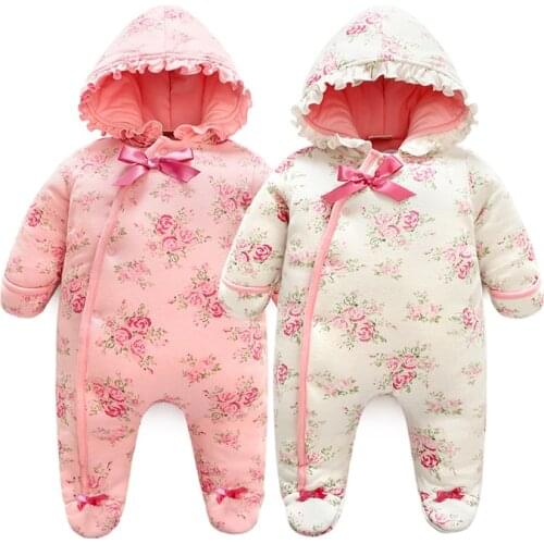 0M Winter New Born Baby Girl Floral Romper Thicken Overalls Infant Baptism Birthday Party Jumpsuit Child Snow Suit Warm Clothes