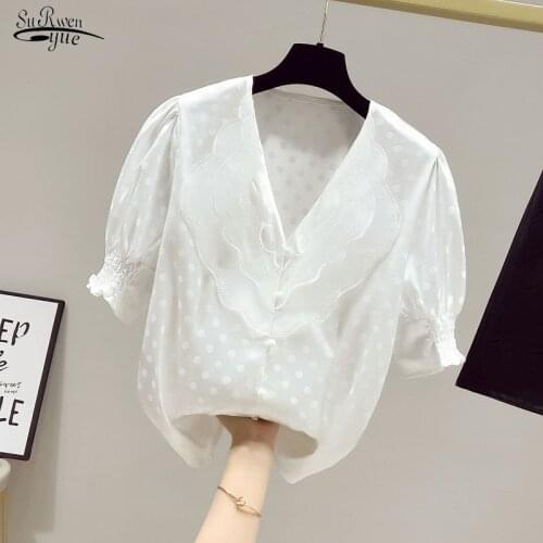 2021 Summer French Retro Blouse for Women V-neck Lace Polka Dot Bubble Short Sleeve Women Tops Slim Jacquard Chiffon Shirt 15174
