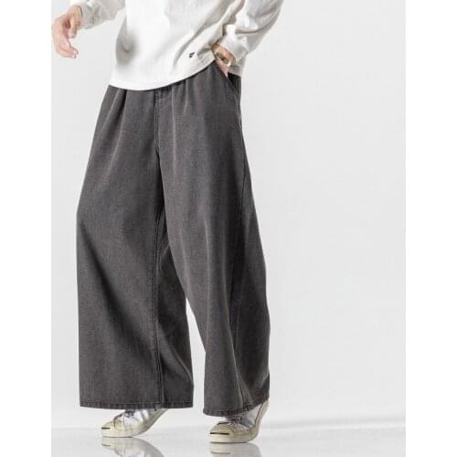 2021 Spring Summer Denim Wide Leg Pants Men Solid Color Loose Plus Size Casual Straight Harem Drawstring Jeans Male Outwear