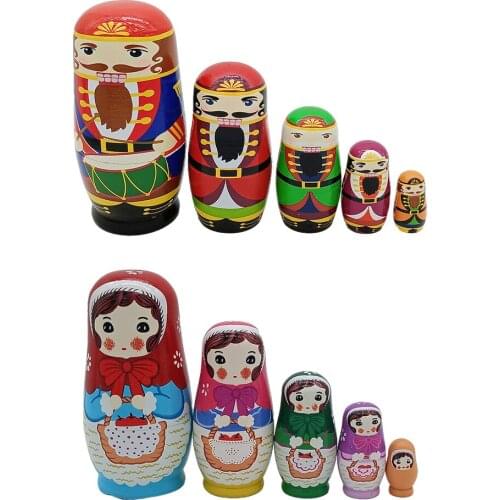 5pcs Cartoon Wooden Matryoshka Hand Painted Traditional Handcrafts Stacking Toys for Christmas Room Adornment Home Decor