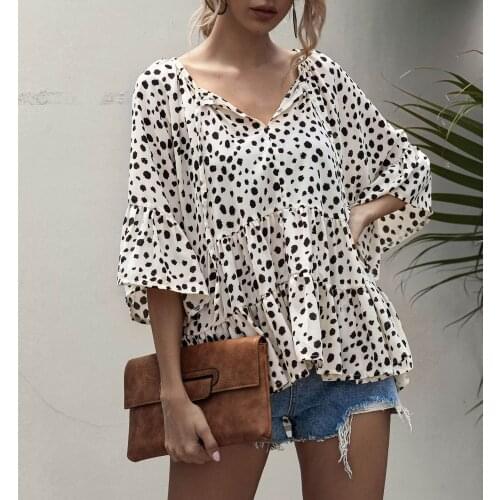Polka Dot Print Flare Sleeve Ruffles Doll Shirts Women V Neck Casual Loose Boho Short Sleeve Chiffon Blouses Tops 2021 New