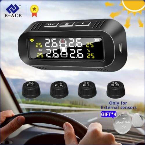E-ACE Smart Car TPMS Solar Power Auto Moniyor System 3.5 Bar Car Tyre Monitoring System Security Alarm USB TMPS External Sensor