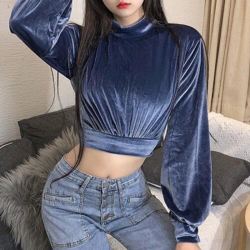 Elegant Turtleneck Velvet Crop Tops Women Autumn Solid Long Sleeve Sweatshirts Pullover Female Korean Fashion Streetwear 2021