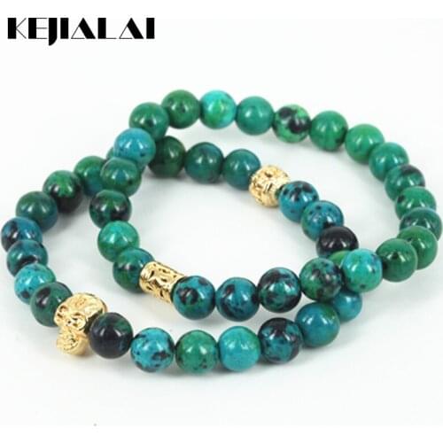 KEJIALAI 2pcs High Quality Beaded Skull Head Men Bracelet Natural Phoenix Green Round Stone Beads Fashion Women Bracelet A0581
