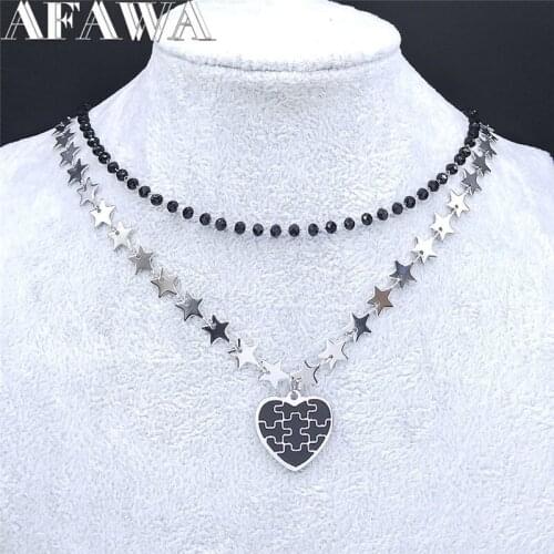 2PCS Layered Necklaces Witchcraft Pentagram Puzzle Heart Stainless Steel Black Crystal Bead Necklaces Jewelry chaine NXS02