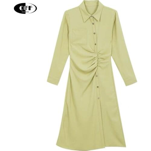 Korean Chic Fashion Midi Dress Women Clothes Solid Long Sleeve Draped Autumn Spring Ladies Office Shirt Dresses Vestidos Female