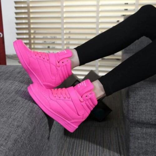 Casual High Top Shoes Sneakers Woman Lace-up Platform Shoes Korean Invisible Increased Wedge Heel Leisure Fashion Patent Leather