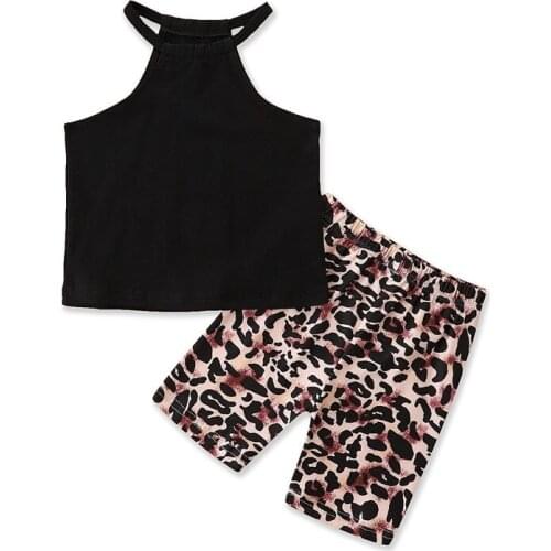 Summer Girl Set Black Vest + Camo Print Half Pants Suits for Kids Clothes