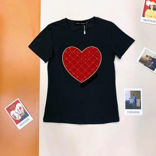 Womens new summer cotton slim cut with diamond heart T - shirt