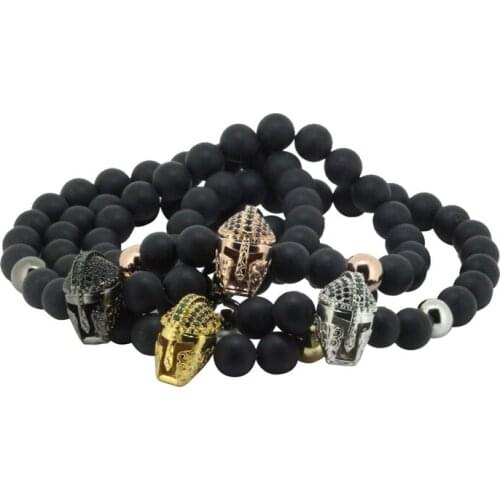 Micro Pave CZ Rose Gold Color Ball Roman Warrior Gladiator Helmet Bracelet Black Matte Stone Bead Bracelets For Men Pulseras