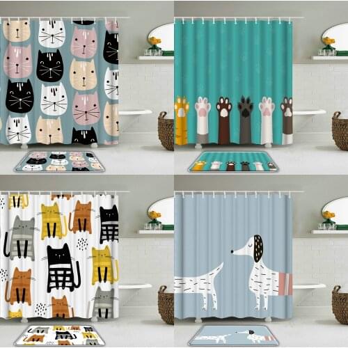Cartoon lovely Cat Dog 3D Printed Shower Curtain Set with Hooks Animal Waterproof Bathroom Curtains Non-slip Bath Mat Home Decor