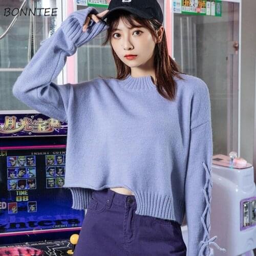 Pullovers Women Fashion Cropped Irregular Autumn Design Mock Neck Lace-up Ladies Solid Loose Knitting Warm Cozy Chandails Sweet
