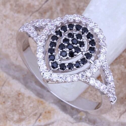 Glamorous Black Cubic Zirconia White CZ Silver Plated Water Drop Ring Size 6 / 7 / 8 / 9 E530