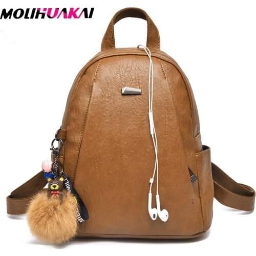 Women Leather Backpacks High Quality Rucksacks For Girls Solid Travel Luxury Designer Bagpack With Cute Pendant Sac A Dos