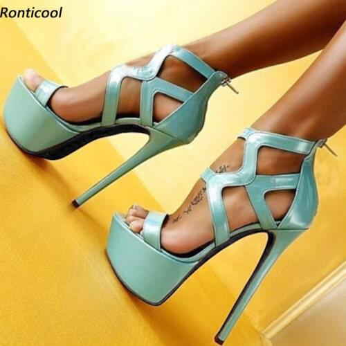 Ronticool Handmade Women Platform Sandals Back Zipper Thin High Heels Open Toe Elegant Sky-Blue Beige Party Shoes US Size 5-20