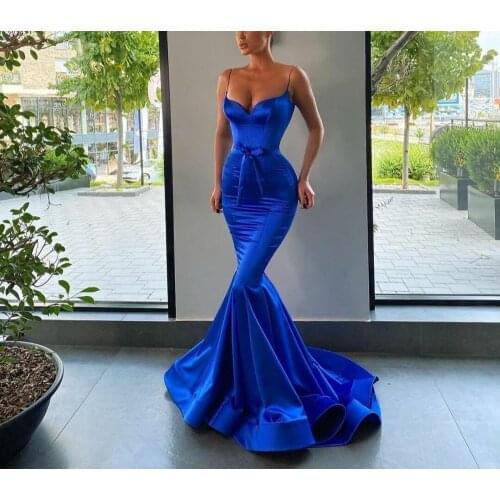 Sexy Long V-Neck Satin Royal Blue Evening Dresses Mermaid Floor Length Zipper Back Spaghetti Straps Formal Party Gowns for Women