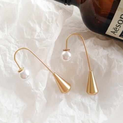 Gold Color Metal Drop Shape Imitation Pearl Drop Earrings Bohemian Fashion Simple Vintage Alloy Earrings For Women Girl Wedding