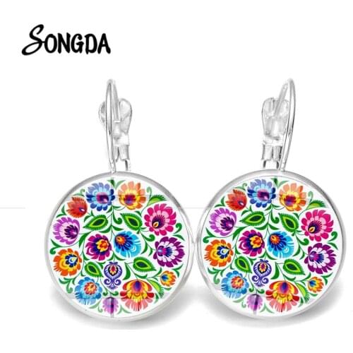 Boho Polish Folk Pattern Dangle Earrings Geometric Heart Flower Art Glass Round Dangle Earrings Exquisite Birthday Gifts