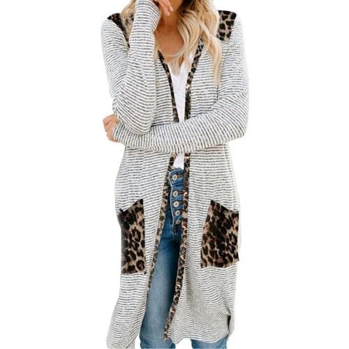 Autumn Women Sweaters Cardigan Coat Leopard Camouflage Patchwork Long Cardigan Sweaters for Women Open Front Mid-length Coat