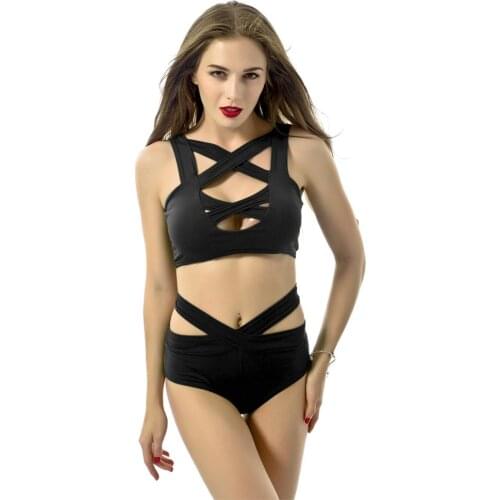 AHVIT Criss Cross Bandage Hollow Out Sexy Two Piece Set Sleeveless Crop Top And Shorts Women Bodycon Suits SJ-SW002