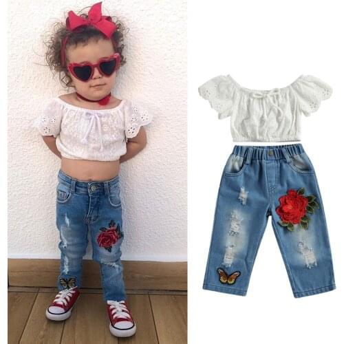 1-6Y Summer Lovely Kids Girls Clothes Sets 2pcs Lace Ruffles Sleeve Off Shoulder T Shirts Flowers Blue Denim Pants