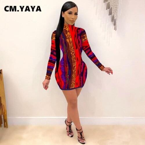 CM.YAYA Paisley Wave Turtleneck Midi Bodycon Dress for Women Sexy Club Party Long Sleeve Dresses Pencil Vestido Winter fall