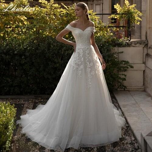 Lhuilier Womens A-line Tulle Wedding Dresses 2021 Floor Length Off the Shoulder Court Train Bridal Gowns with Appliques